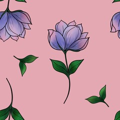 Seamless Pattern of Purple Flowers Line with Green Leaves on Pastel Pink Background