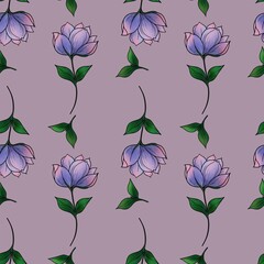 Seamless Pattern of Small Design Purple Flowers Line with Leaves on Pastel Purple Background
