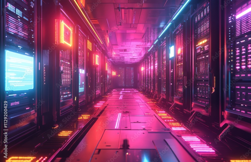 Poster futuristic data center corridor with neon lights and high-tech server racks creating a luminous and 