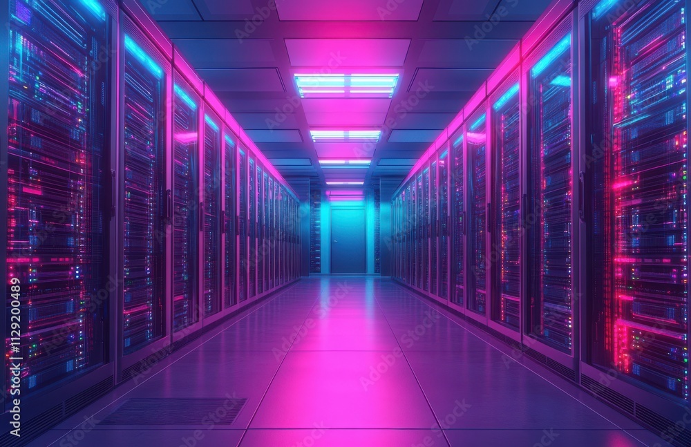 Poster futuristic data center corridor with neon lights and high-tech servers providing a glimpse into mode