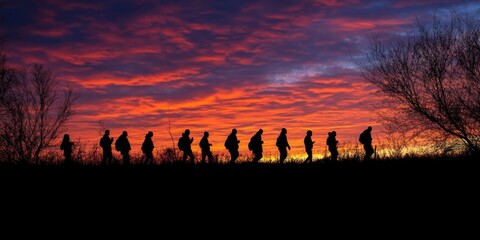 Fototapeta premium People walking in field at sunset