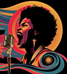 a psychedelic soul diva in silhouette sings with a soul swirly 60s 70s inspired background 