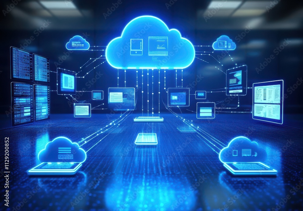 Poster futuristic data center with cloud computing technology illustrating connections between different no