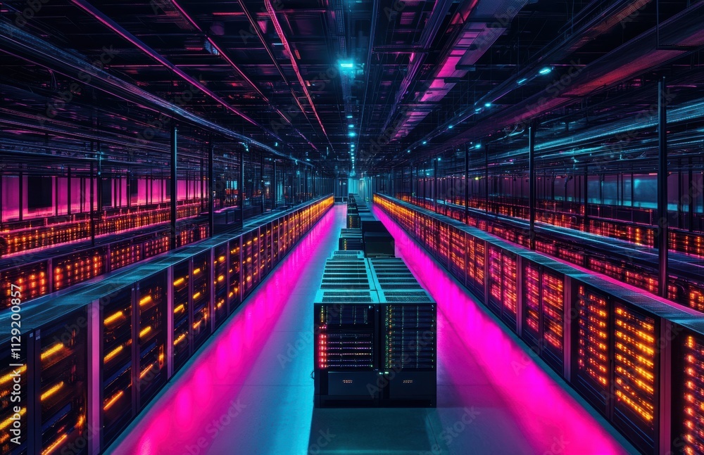 Poster futuristic data center interior with vibrant neon lighting and rows of server racks reflecting advan