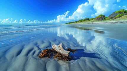 A peaceful beach scene featuring a line of driftwood and seaweed scattered across the sand, with soft ripples in the water reflecting the clear blue sky 