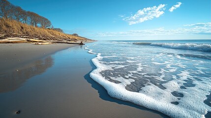 A peaceful beach scene featuring a line of driftwood and seaweed scattered across the sand, with soft ripples in the water reflecting the clear blue sky 