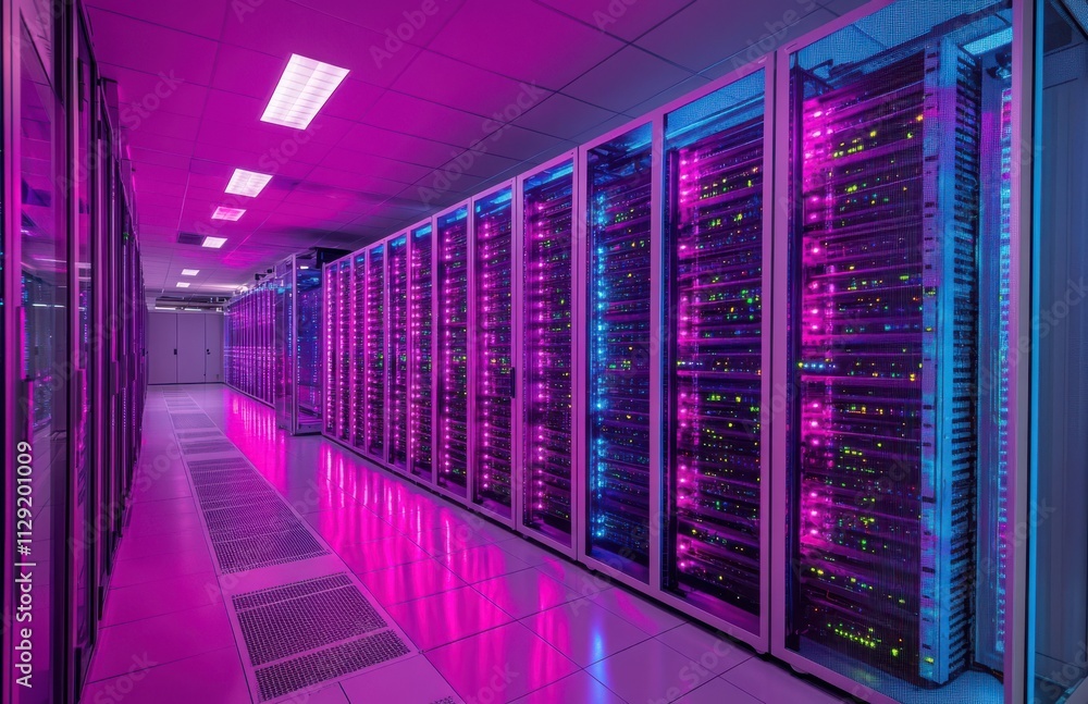 Poster futuristic data center with colorful led lights illuminating server racks in a high-tech network fac