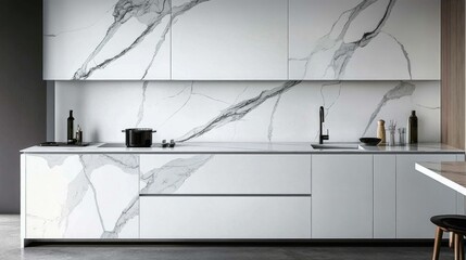 Minimalist kitchen with white cabinets and marble countertops