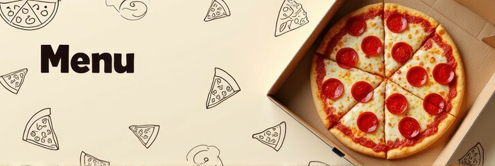 Delicious pepperoni pizza in opened box with menu design background