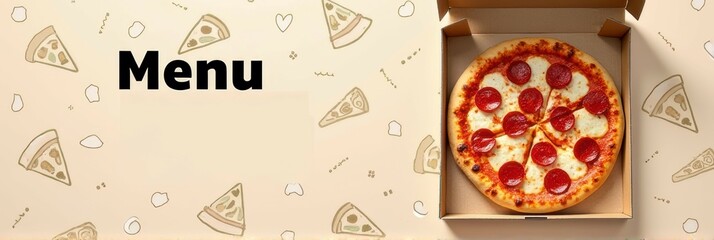 Delicious pepperoni pizza in box with illustrated background and menu text