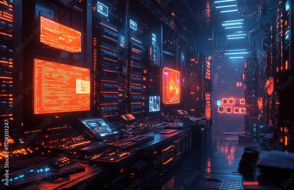Aufkleber futuristic data center with neon lights, high-tech servers, and screens displaying complex code in a