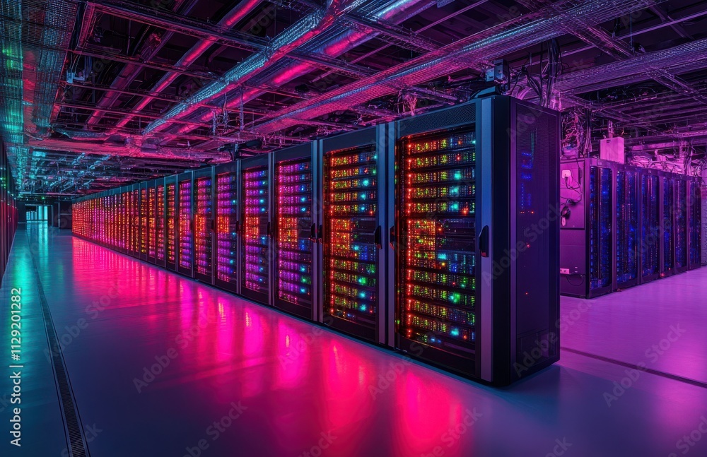 Poster futuristic data center with rows of colorful servers illuminated by neon lights in an advanced techn