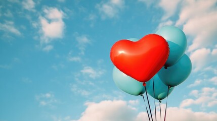 A heart-shaped balloon bouquet floating against a blue sky