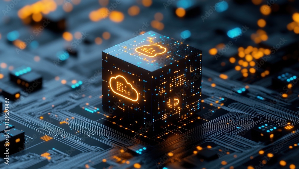 Poster futuristic data storage concept featuring a glowing cloud symbol on a digital cube amidst a vibrant 