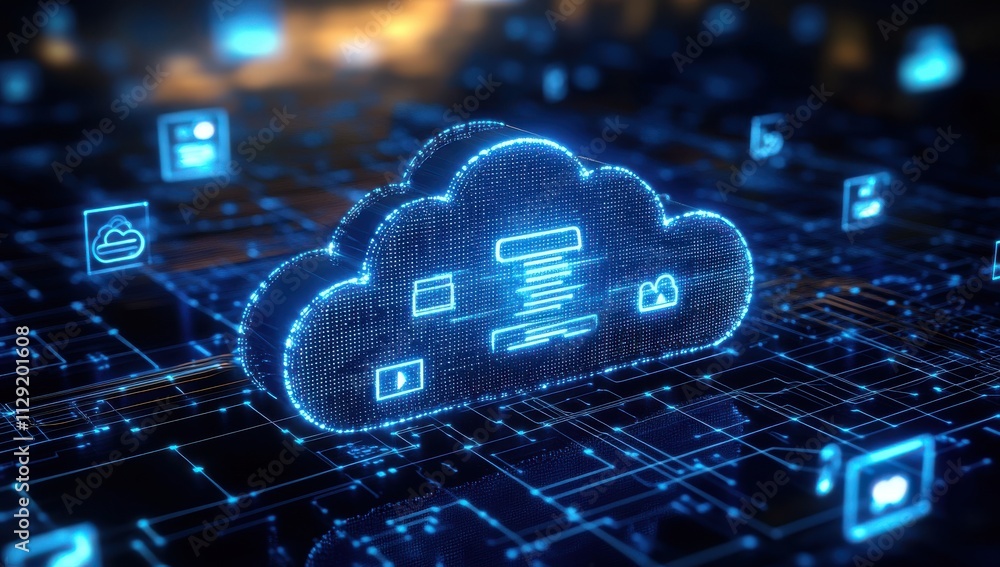 Poster futuristic digital cloud computing concept with illuminated data connections and icons representing 