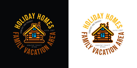 Emblem with a wooden holiday house. Original vector illustration in vintage style. T-shirt design.