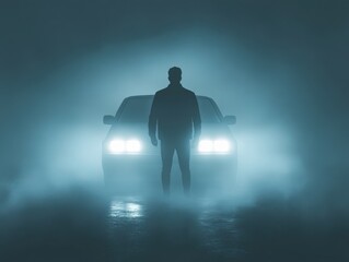 mysterious figure standing in foggy night with car headlights