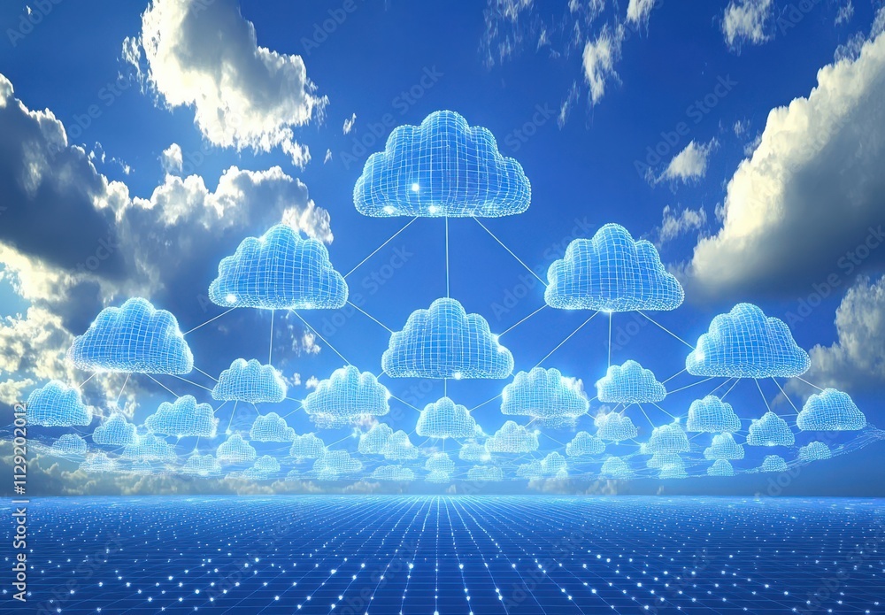 Aufkleber futuristic digital cloud network with interconnected 3d clouds over a bright blue sky and grid surfa