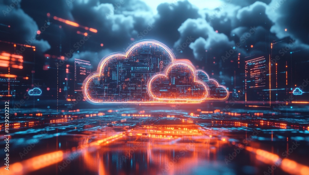 Poster futuristic digital cloud network with neon lights and data streams representing technology, connecti