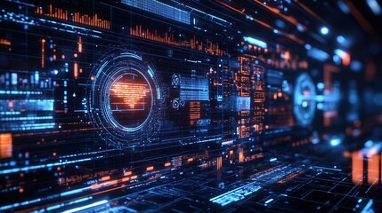 A futuristic digital interface featuring intricate patterns of glowing blue and orange circuitry, resembling a technological landscape or data visualization.