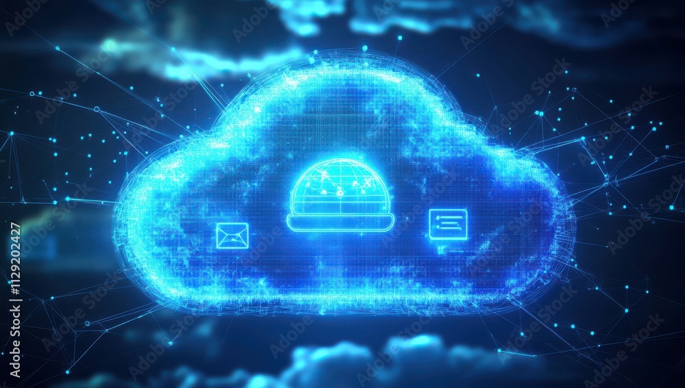 Poster futuristic digital cloud representation with icons for communication, data sharing, and networking c
