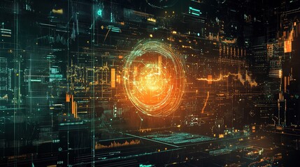 A futuristic digital landscape featuring vibrant orange and green elements, resembling a high-tech interface or data visualization.
