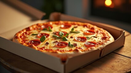 Delicious pepperoni pizza in a box on wooden table near cozy fireplace