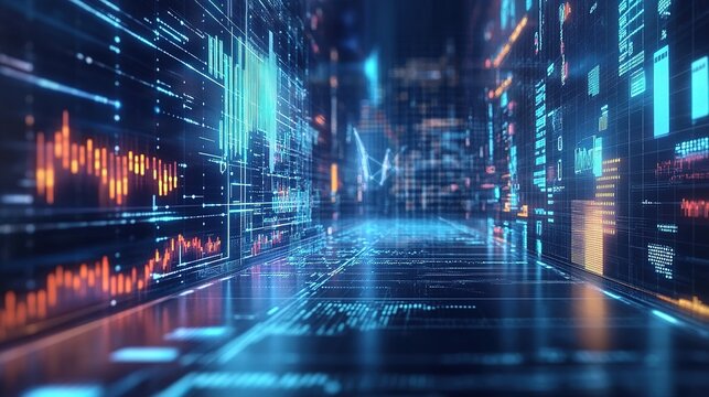 A futuristic digital landscape with glowing data streams, graphs, and binary code, representing technology and innovation.