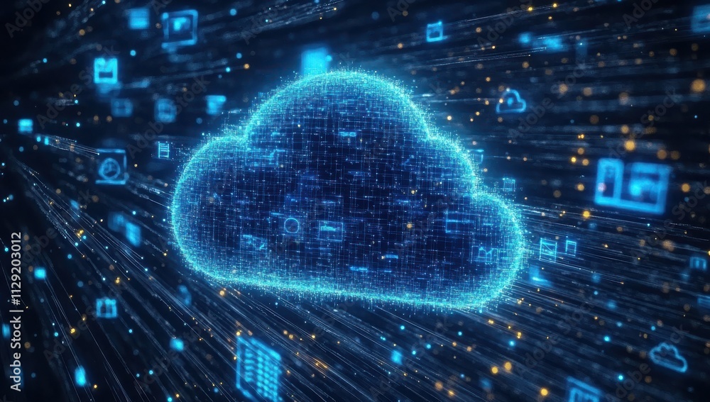 Poster futuristic digital cloud with streaming icons representing data transfer and connectivity in a high-