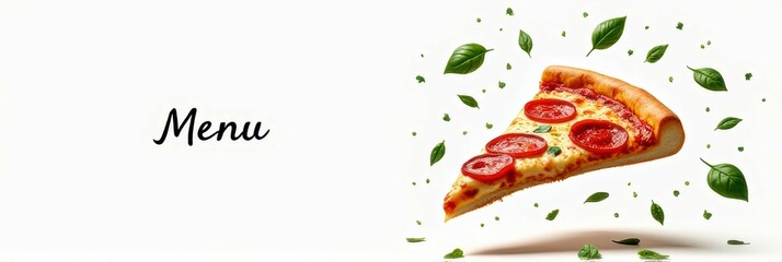 Pepperoni pizza slice with herbs on menu background