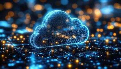 Futuristic Digital Cloud with Sparkling Lights and Glowing Particles Representing Technology, Data Storage, and Connectivity in a Virtual Environment