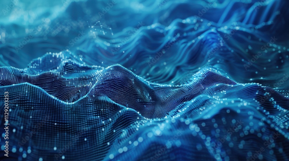 Poster big data visualized as a futuristic blue abstract landscape with glowing dots, representing informat