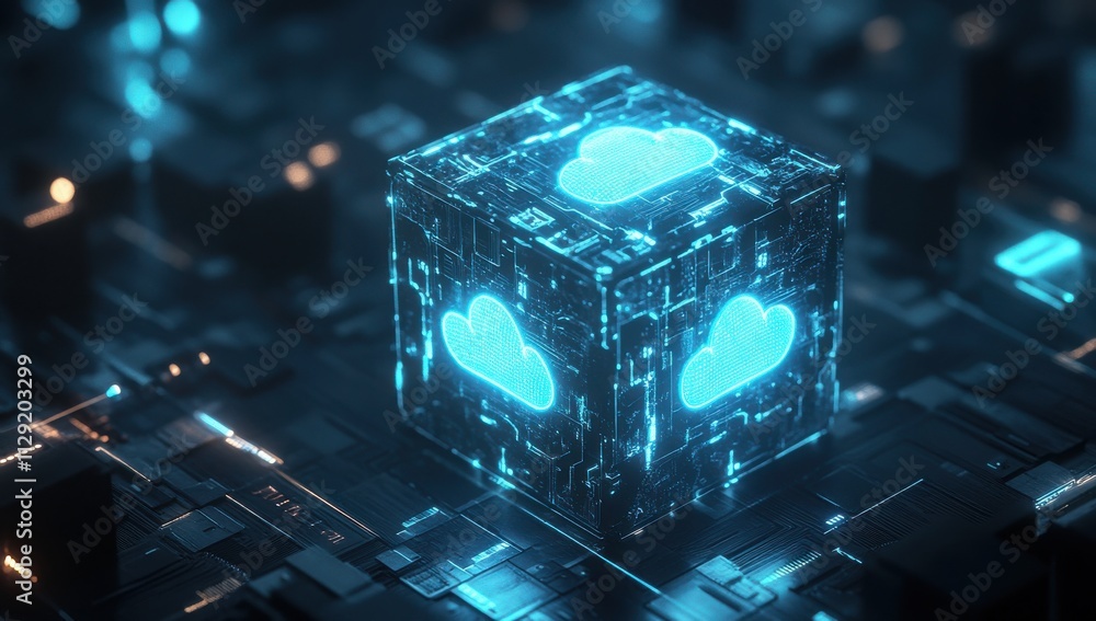 Poster futuristic digital cube with glowing blue clouds, representing cloud computing and technology in a h