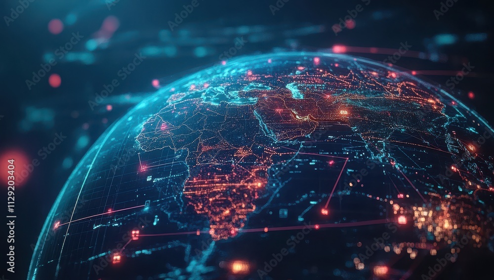 Poster futuristic digital globe visualization with bright data points representing africa and global connec