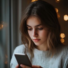 young woman using smartphone by the window with soft lighting