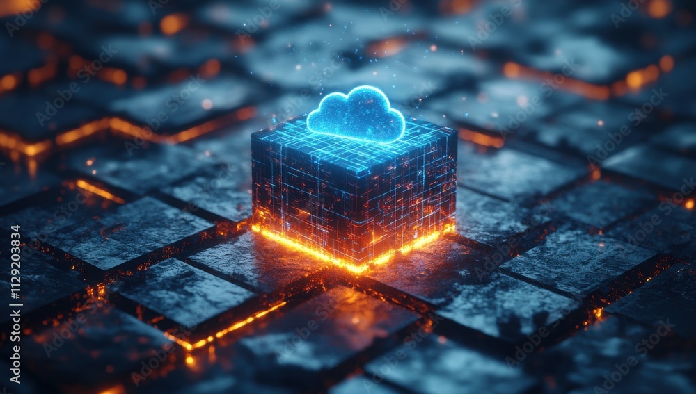 Poster Futuristic Digital Platform with Cloud Icon on Illuminated Grid in Blue and Orange, Representing Cloud Computing and Technology Innovations in a Virtual Environment