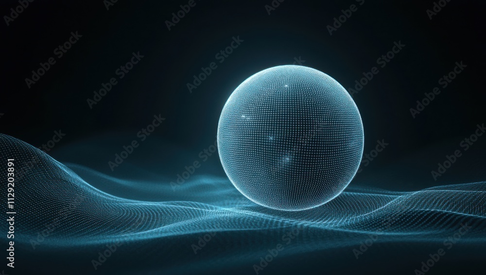 Poster futuristic digital sphere surrounded by flowing waves of light in a dark environment for abstract te