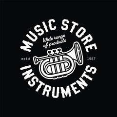 Emblem for a music store. Original vector illustration in vintage style. T-shirt design.