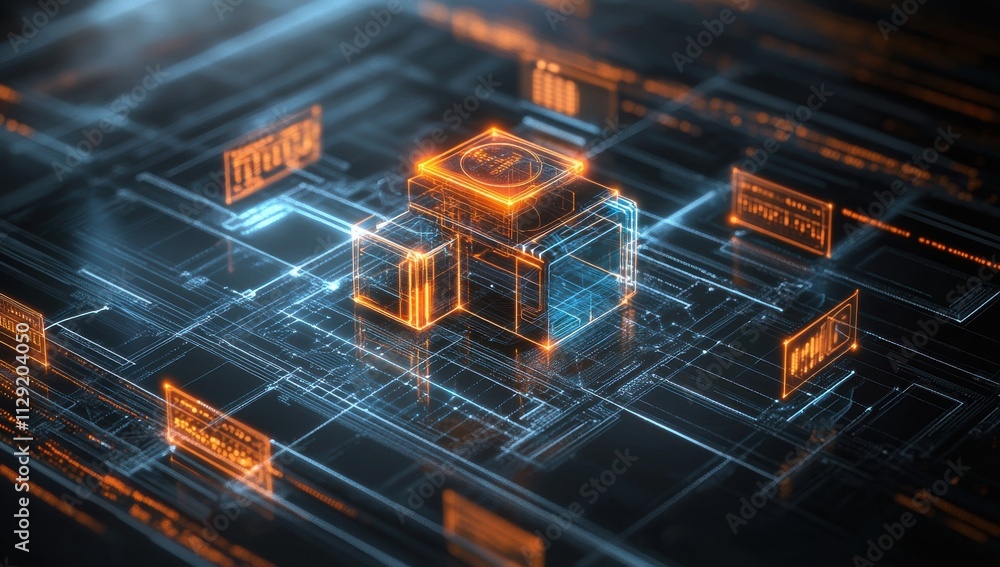 Poster futuristic digital technology interface with glowing blue and orange elements representing data proc