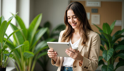 Confident Young Hispanic Businesswoman Standing in Office. Smiling Executive and Entrepreneur Using Tablet.