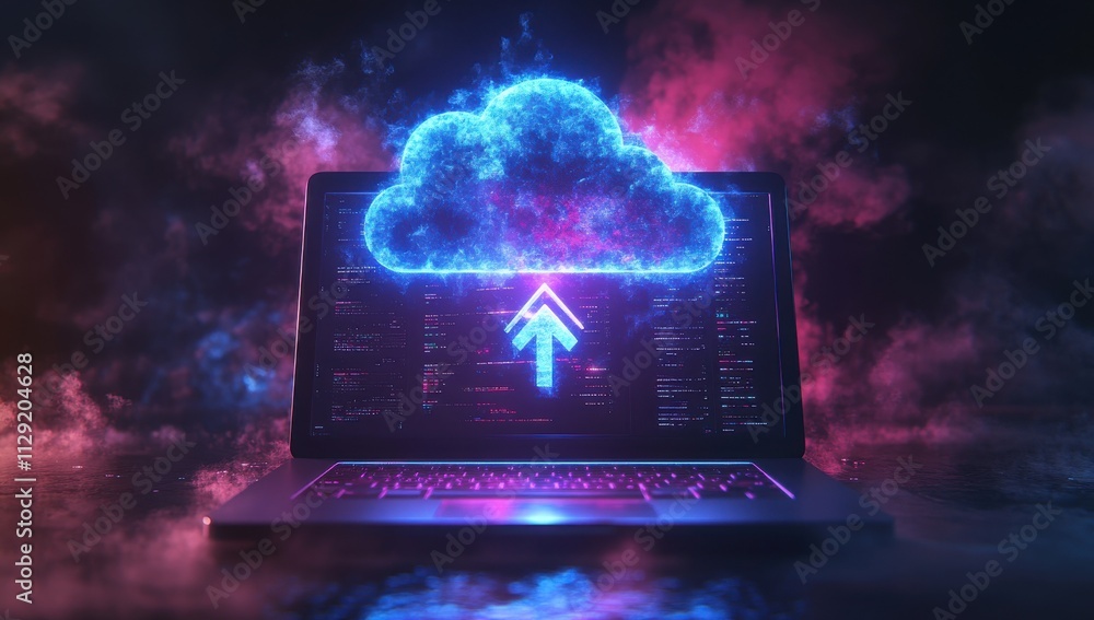 Poster futuristic laptop with cloud upload concept in neon glow with colorful smoke background highlighting