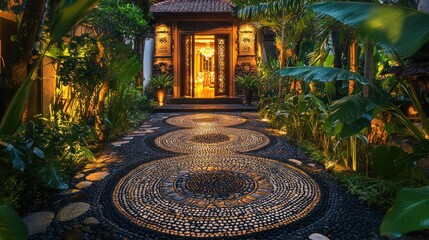 Illuminated pebble pathway leading to tropical home entrance at night.