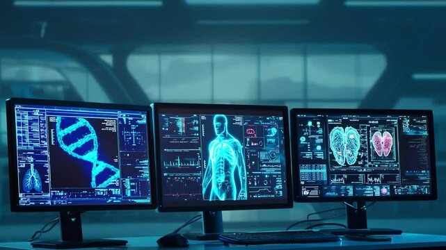 Doctor working at futuristic office, multiple monitors displaying medical images, data and body scans.