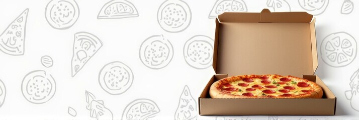 Open pizza box with pepperoni pizza on background with pizza illustrations