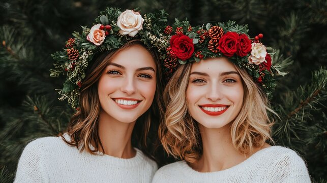 Festive Holiday Twin Sisters with Flower Crowns