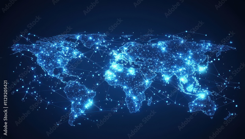 Poster global network connection with digital map glow representing data transfer, communication links, and