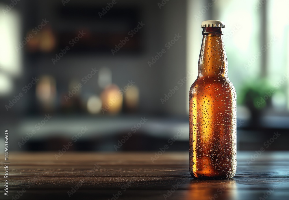Poster glorious amber beer bottle with condensation standing on a rustic wooden table, creating a refreshin
