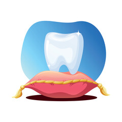 Children's healthy shiny tooth on a velvet red cushion with gold tassels. Children's vector illustration on the topic of baby teeth, changing teeth, children's dentistry and oral hygiene.
