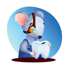 Funny mouse in blue overalls and magnifying monocle examines dark spot of caries on baby tooth. Character - Mouse - tooth fairy. Children's vector illustration