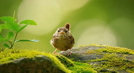 Curious bird on mossy rock in serene green forest